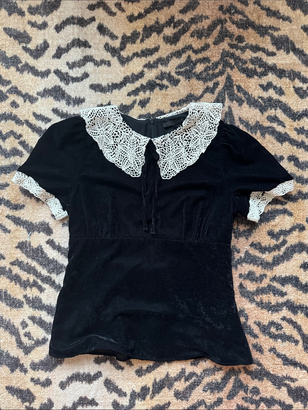 Black Velvet Blouse with White Crochet Peter Pan Collar